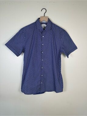 BRAX‎ Men's Medium Hi-Flex Geometric Preppy Blue Short-Sleeve Button-Up Shirt